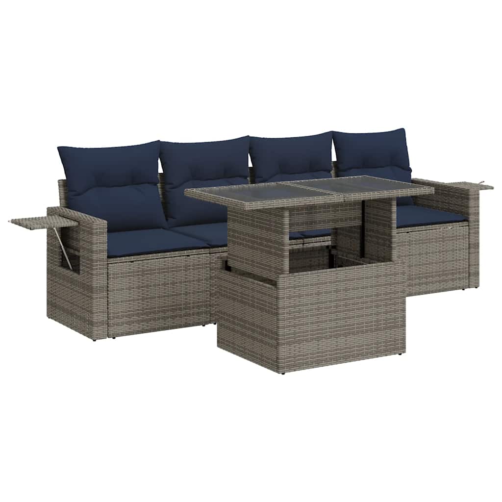Set sofás jardín y cojines 5 pzas ratán sintético gris
