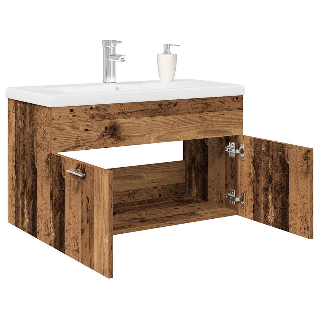 Old wood sink cabinet with built-in basin and faucet