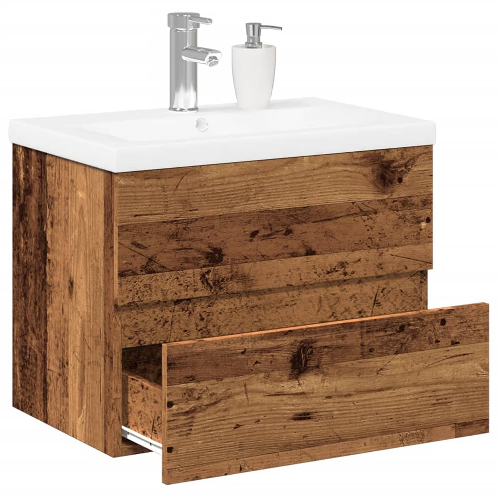 Distressed wood vanity with integrated sink