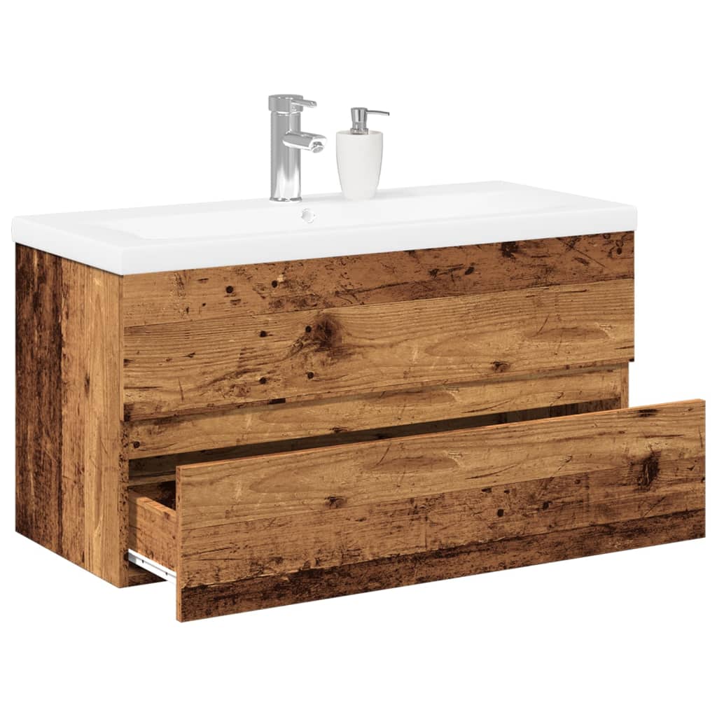 Distressed wood vanity with integrated sink