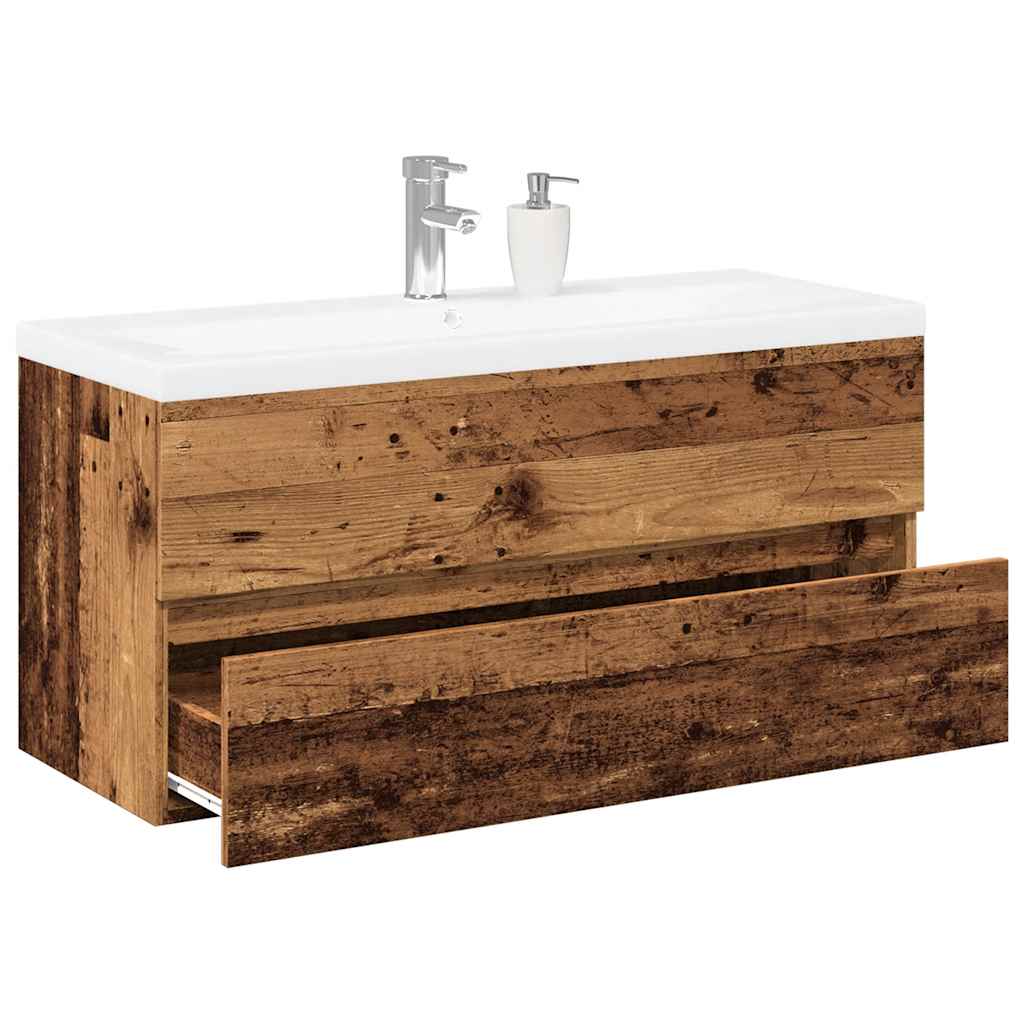 Distressed wood vanity with integrated sink