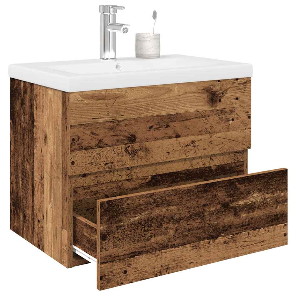 Washbasin cabinet with integrated washbasin and old wood faucet