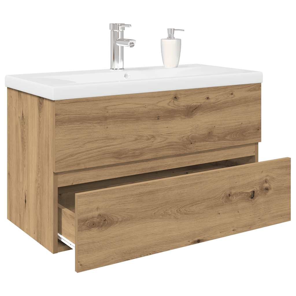 Vanity unit with integrated basin and artisan oak tap