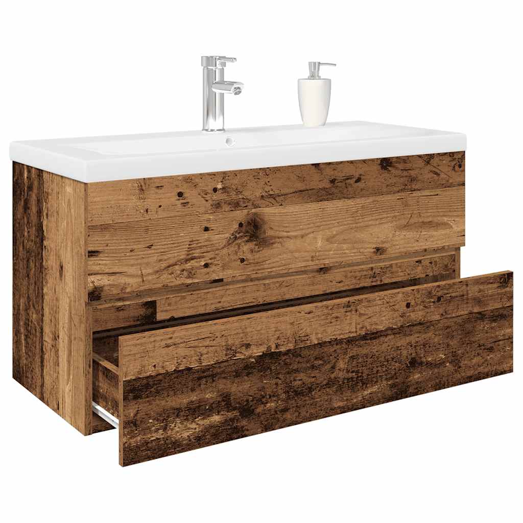 Washbasin cabinet with integrated washbasin and old wood faucet