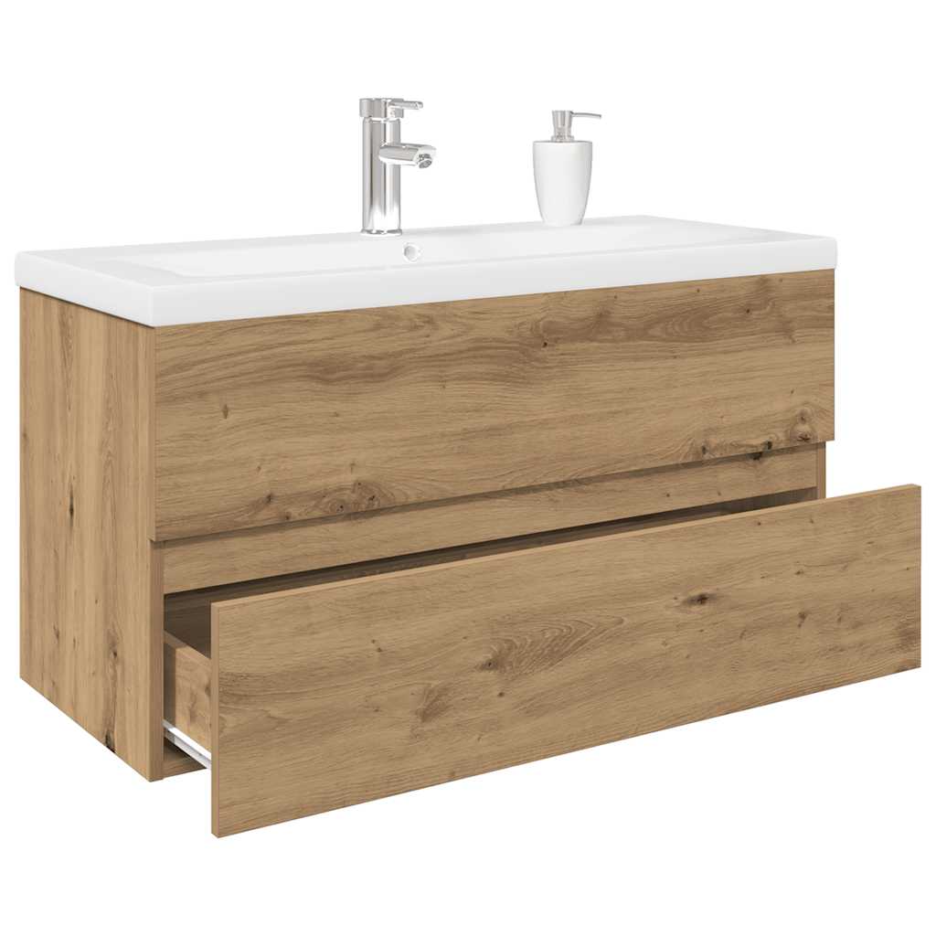 Vanity unit with integrated basin and artisan oak tap