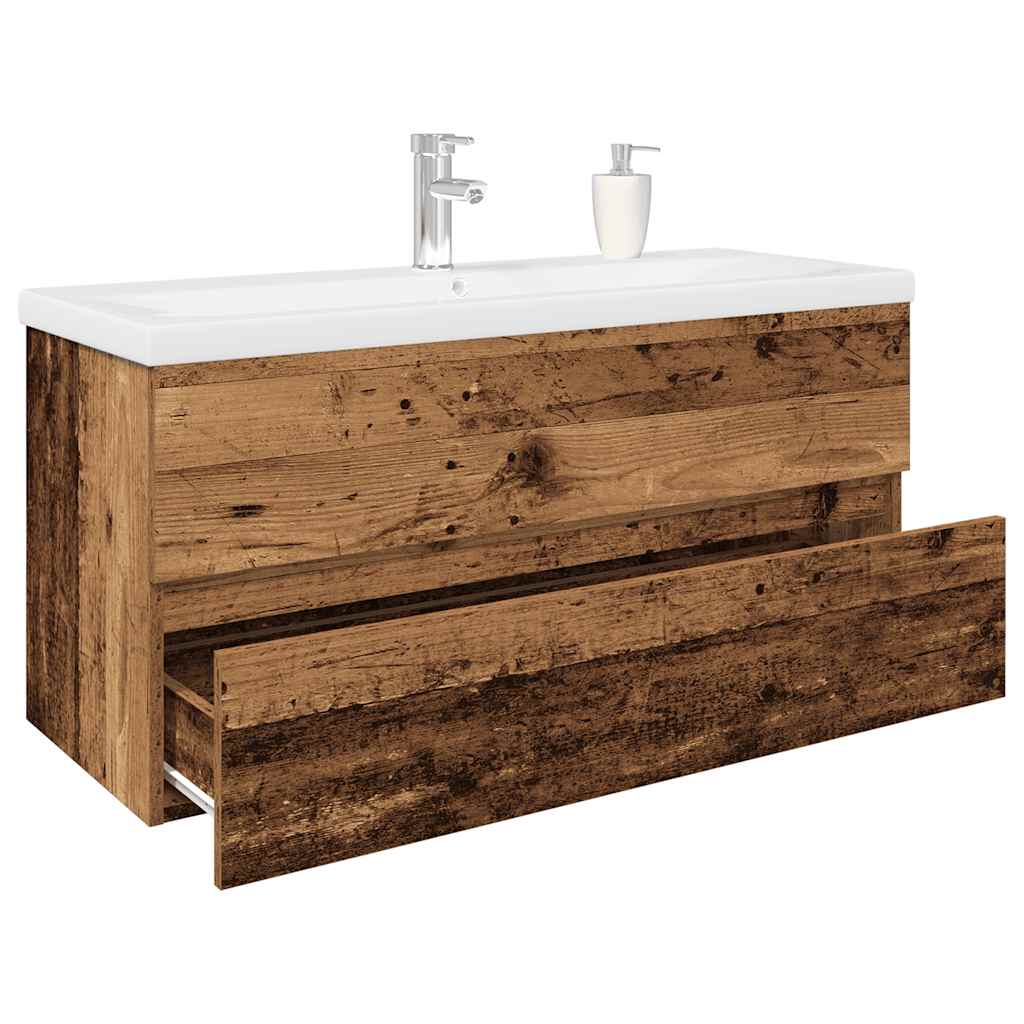 Washbasin cabinet with integrated washbasin and old wood faucet