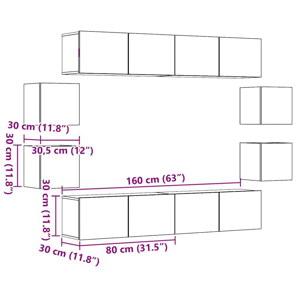 Conjunto de mueble de TV 8 piezas montado la pared madera vieja