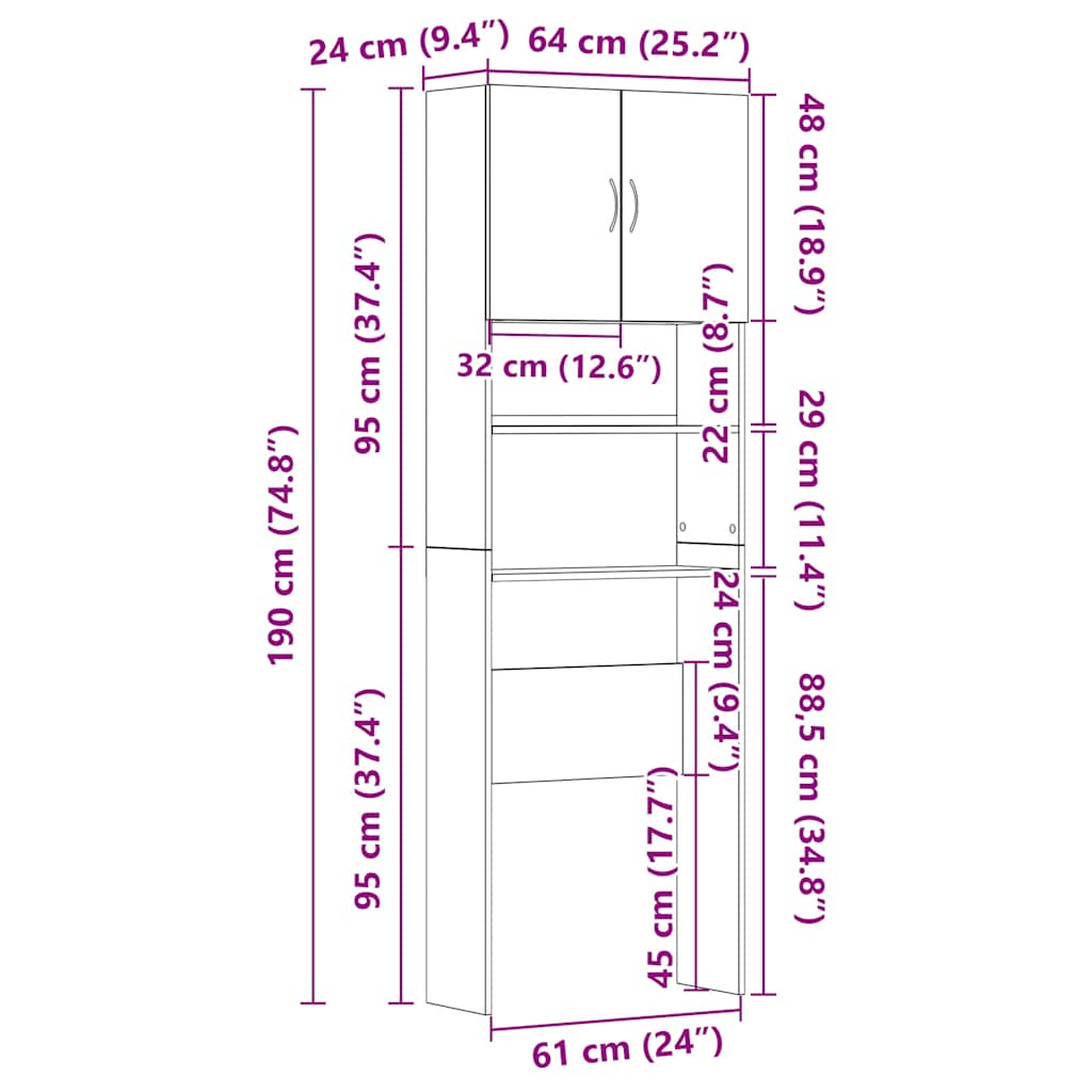 Mueble para lavadora de madera de roble negro 64x24x190 cm