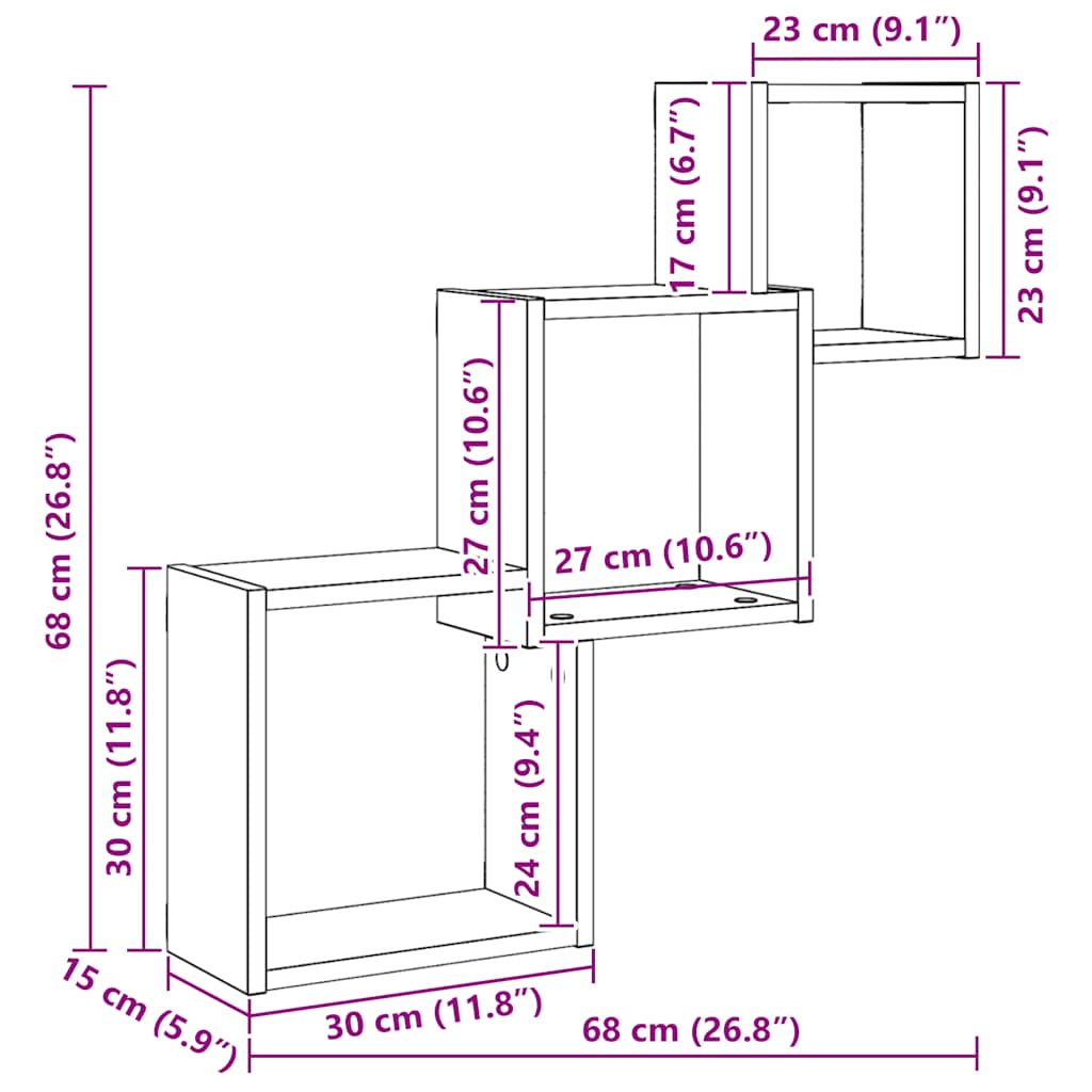 Estante cubos pared madera ingeniería roble negro 68x15x68 cm