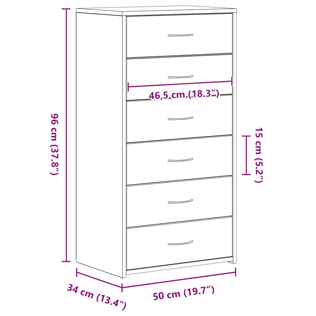 Aparador con 6 cajones roble negro 50x34x96cm madera ingeniería