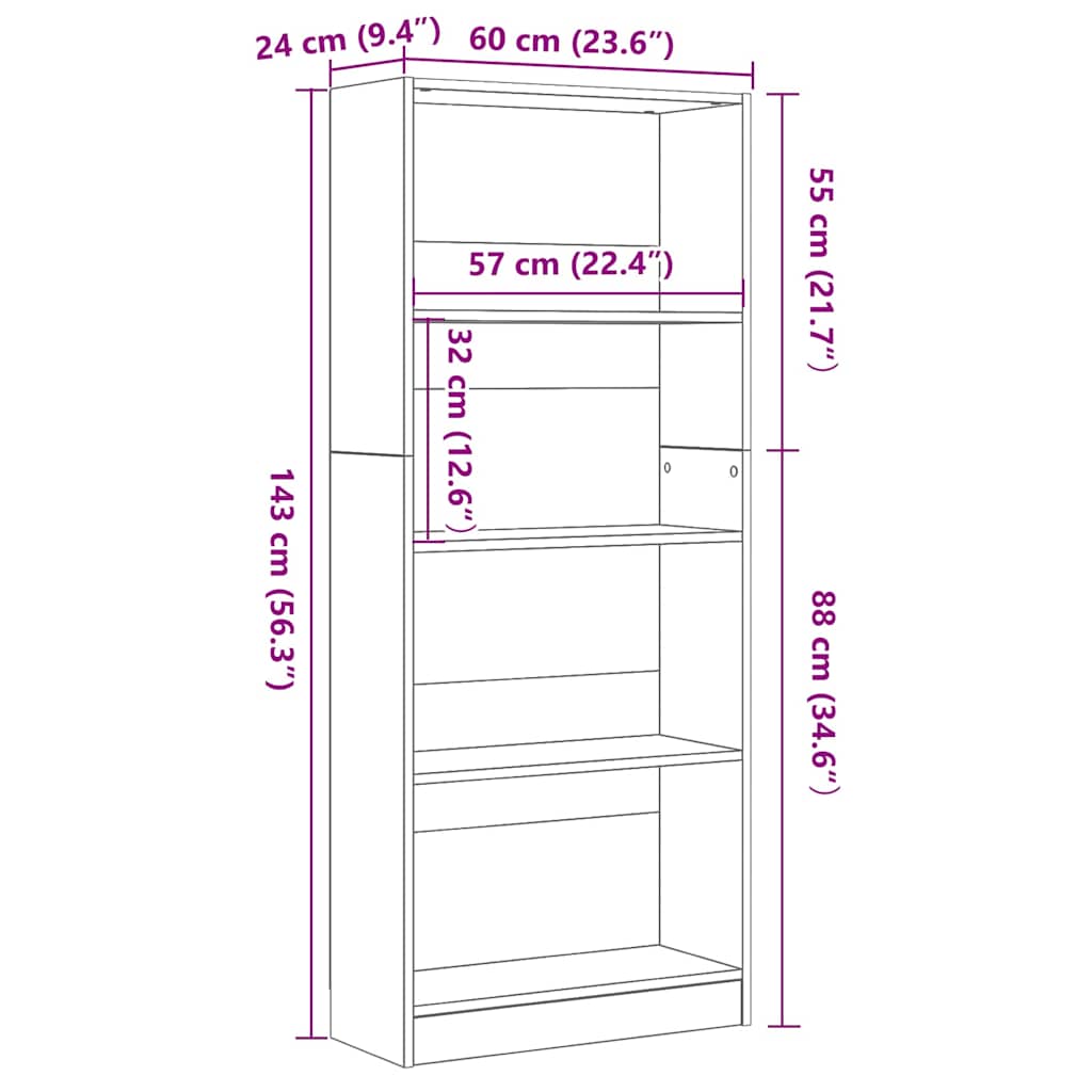 Estante de libros Roble Negro 60 x 24 x 143 cm