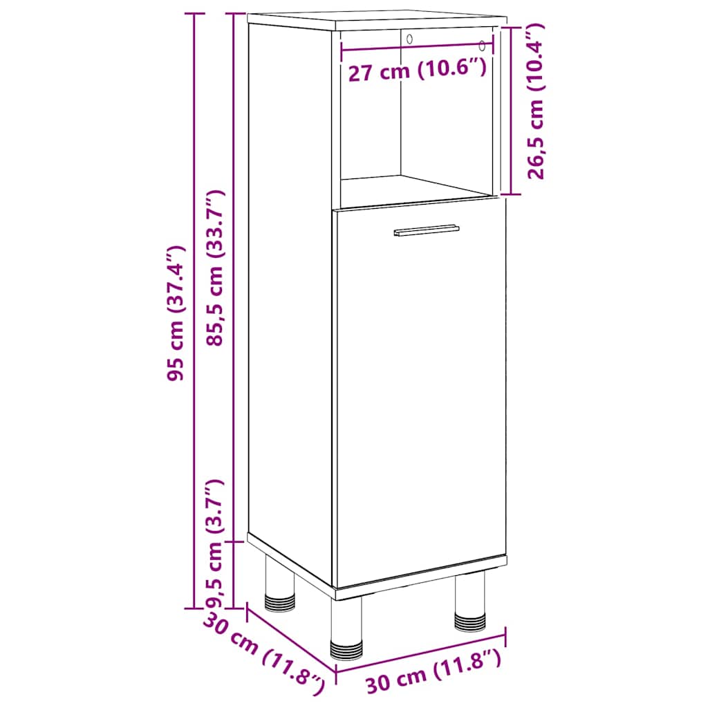 Gabinete de Baño con almacenamiento Roble Negro 30 x 30 x 95 cm