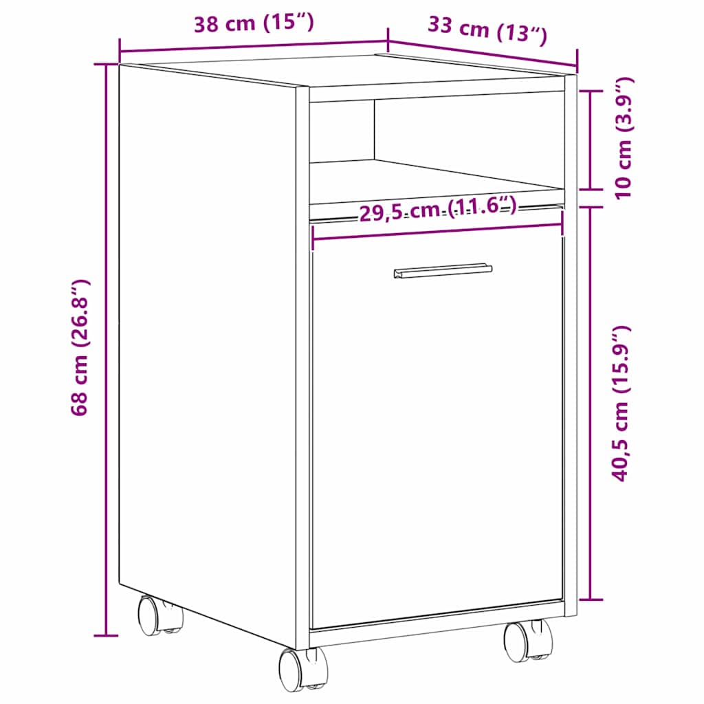Gabinete lateral con ruedas Roble Negro 33 x 38 x 60 cm