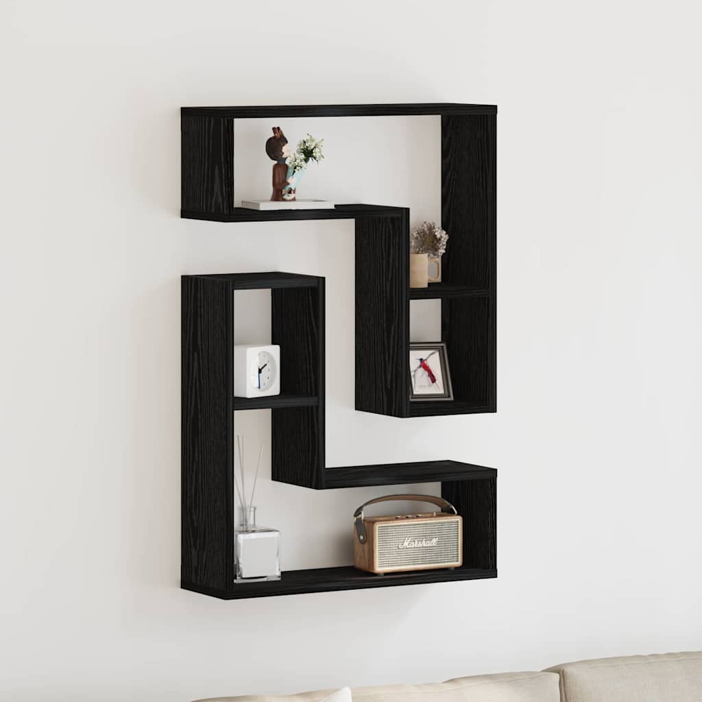Estante de pared con estante 2 pcs Roble Negro 50 x 15 x 85 cm