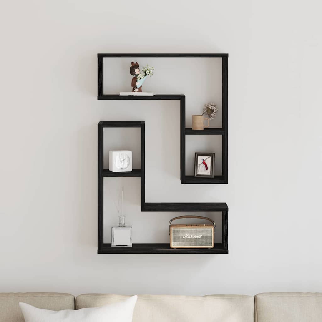 Estante de pared con estante 2 pcs Roble Negro 50 x 15 x 85 cm