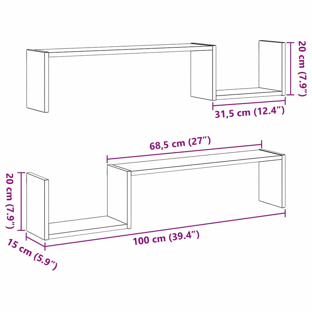 Estante de pared con estante 2 pcs Roble Negro 100 x 15 x 20 cm