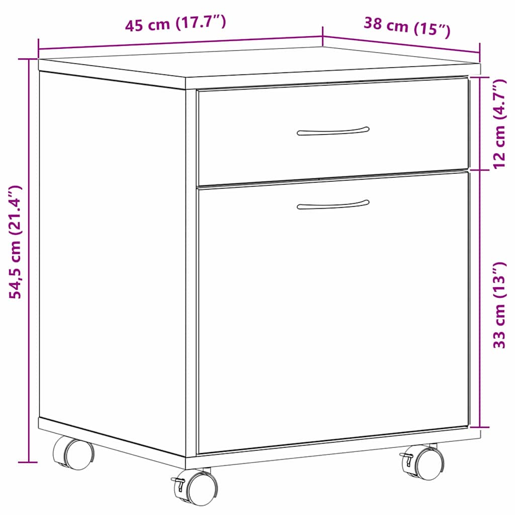 Gabinete rodante con rueda Roble Negro 45 x 38 x 54 cm