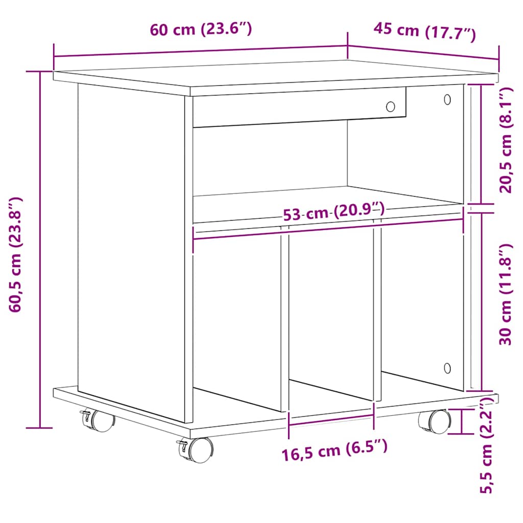 Gabinete rodante con rueda Roble Negro 60 x 45 x 55 cm
