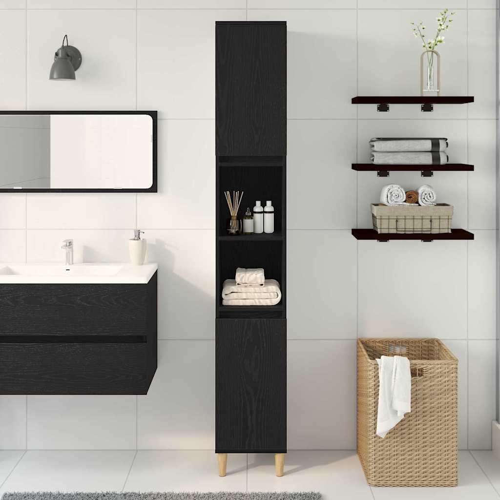 Gabinete de Baño con estante Roble Negro 30 x 30 x 190 cm