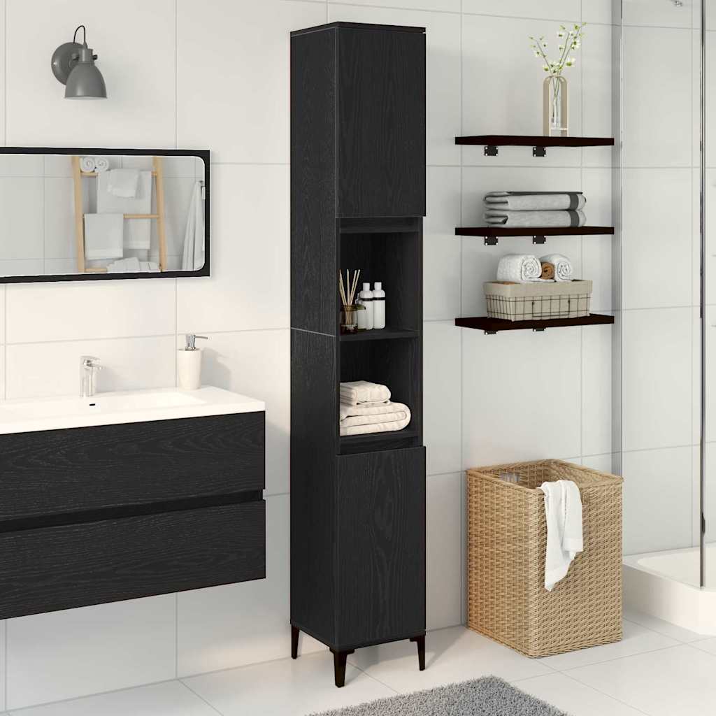 Gabinete de Baño con estante Roble Negro 30 x 30 x 190 cm