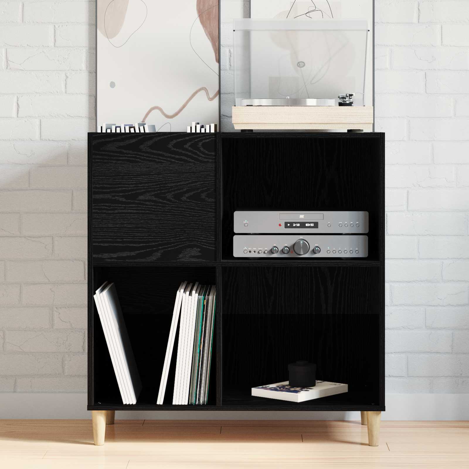 Black Oak Vinyl Record Storage Cabinet 84.5 x 38 x 89 cm