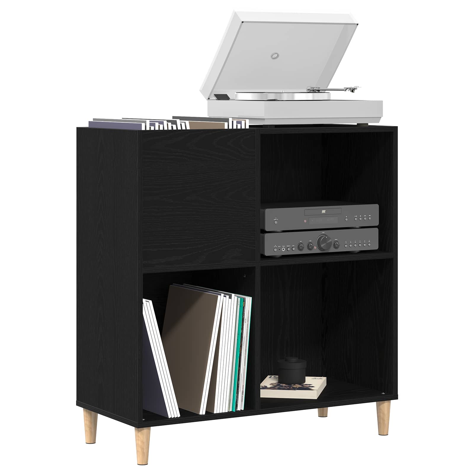 Black Oak Vinyl Record Storage Cabinet 84.5 x 38 x 89 cm