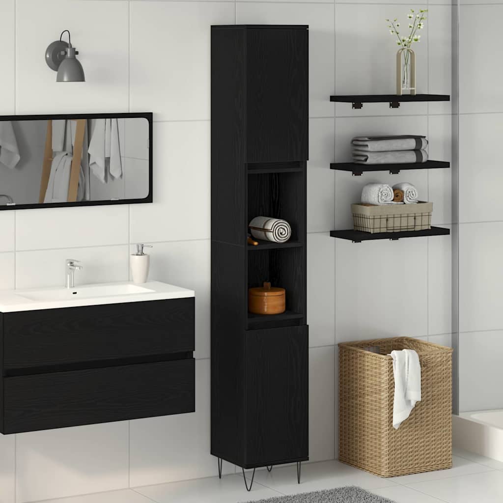 Gabinete de Baño con estante Roble Negro 30 x 30 x 190 cm
