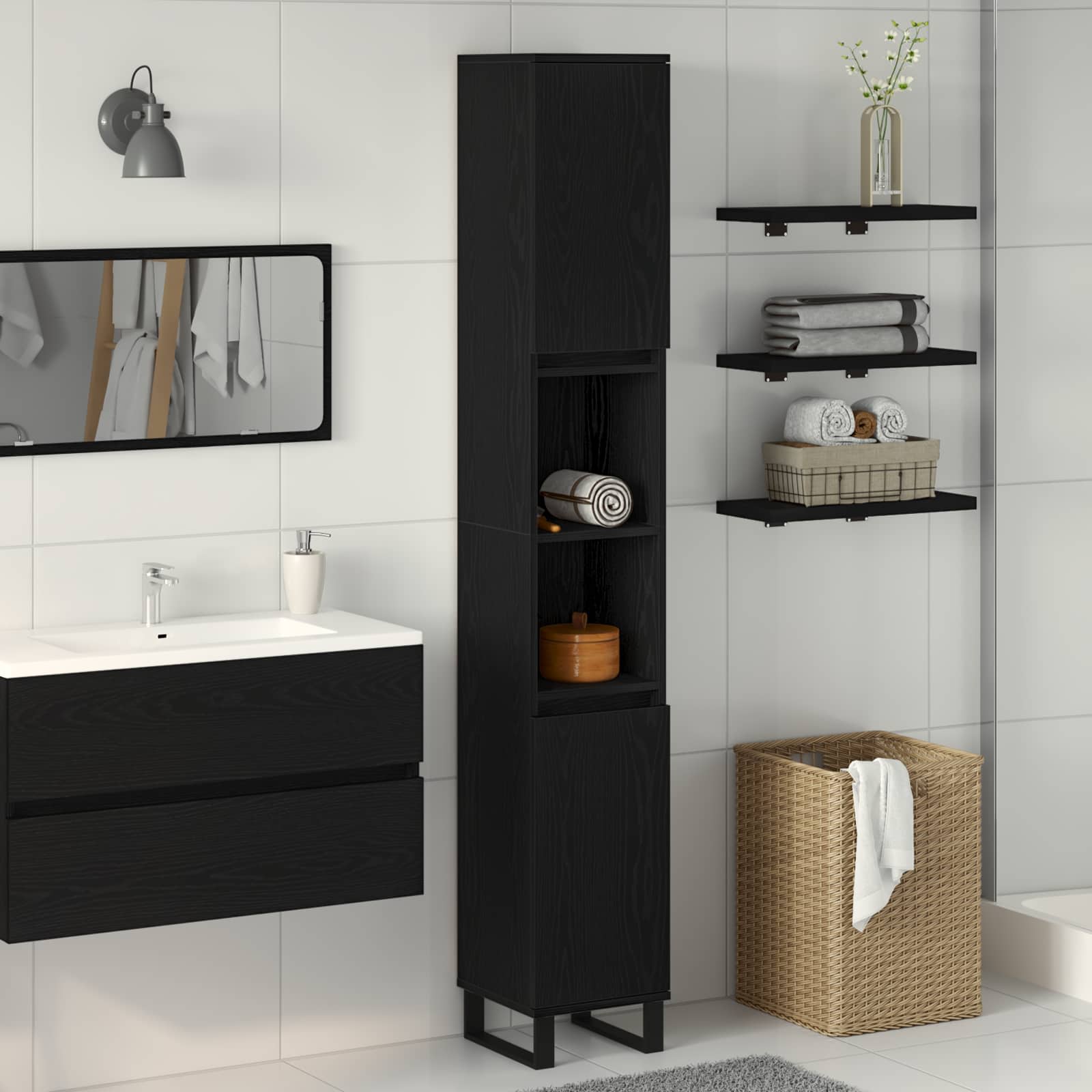 Gabinete de Baño con estante Roble Negro 30 x 30 x 190 cm