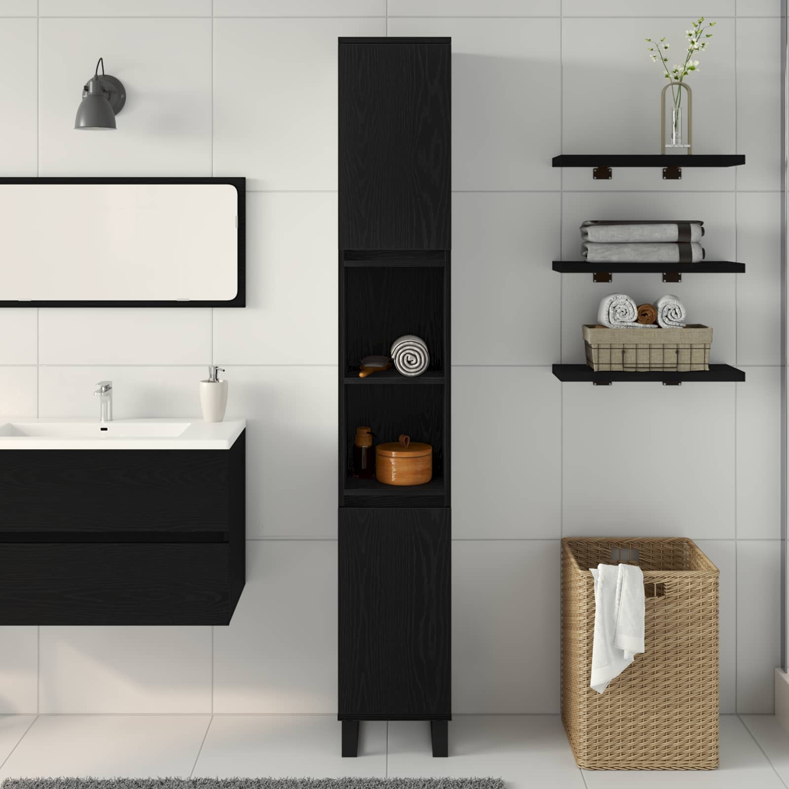 Gabinete de Baño con estante Roble Negro 30 x 30 x 190 cm