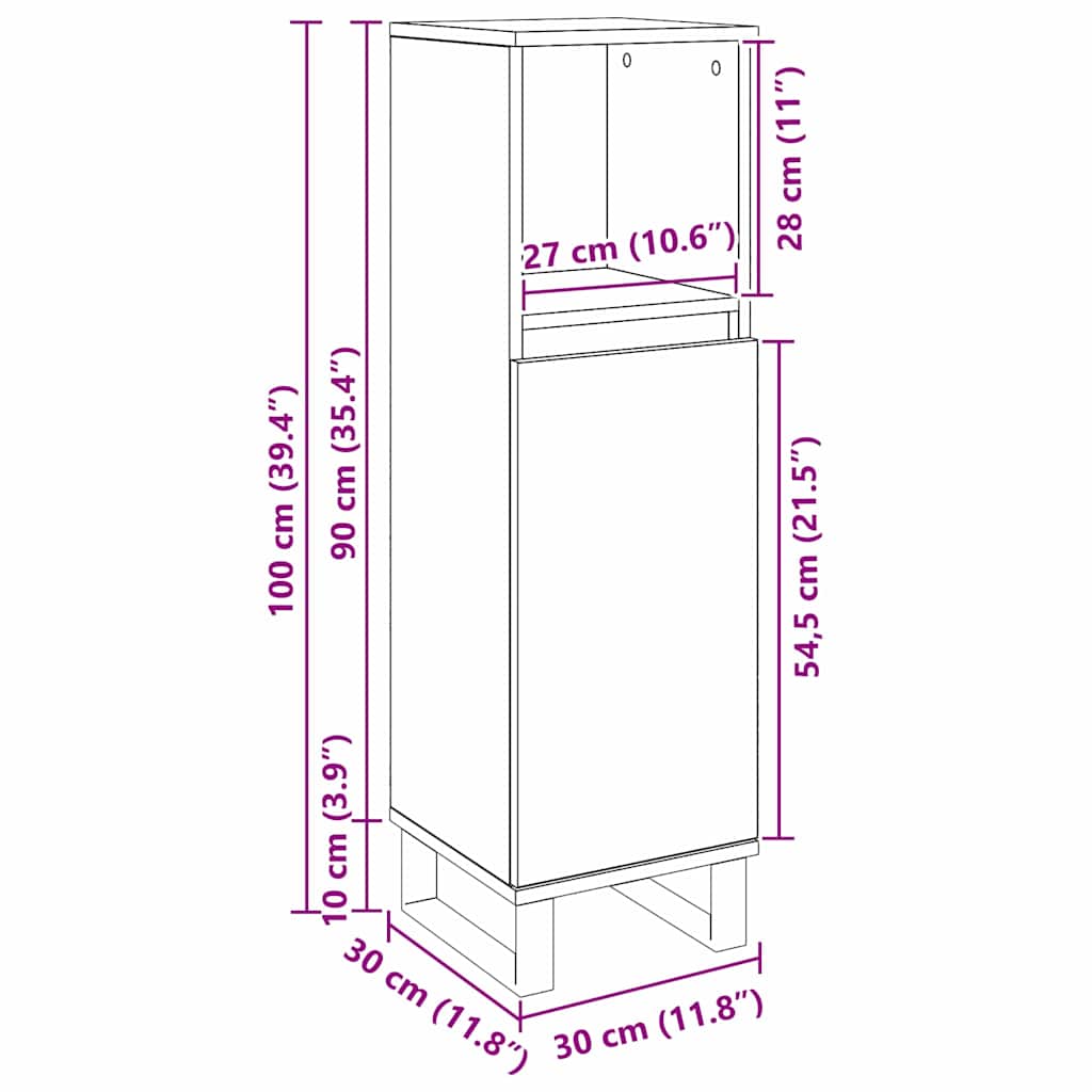 Gabinete de Baño con estante Roble Negro 30 x 30 x 100 cm