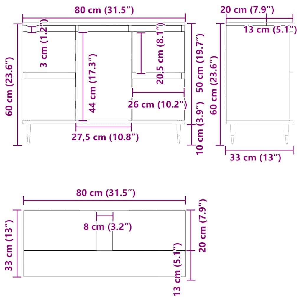 Gabinete de Lavabo para Baño Roble Negro 80 x 33 x 60 cm