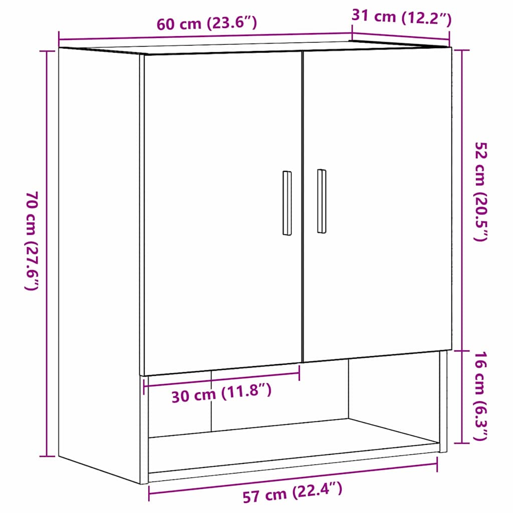 Mueble de pared Montaje en la pared Roble Negro 60 x 31 x 70 cm