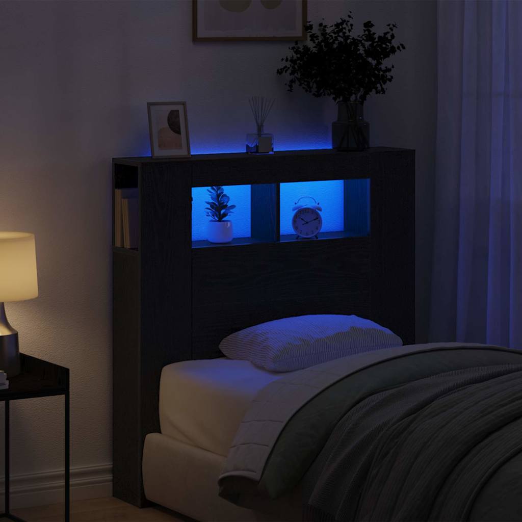 Cabecero LED con estante Roble Negro 100 x 18,5 x 103,5 cm
