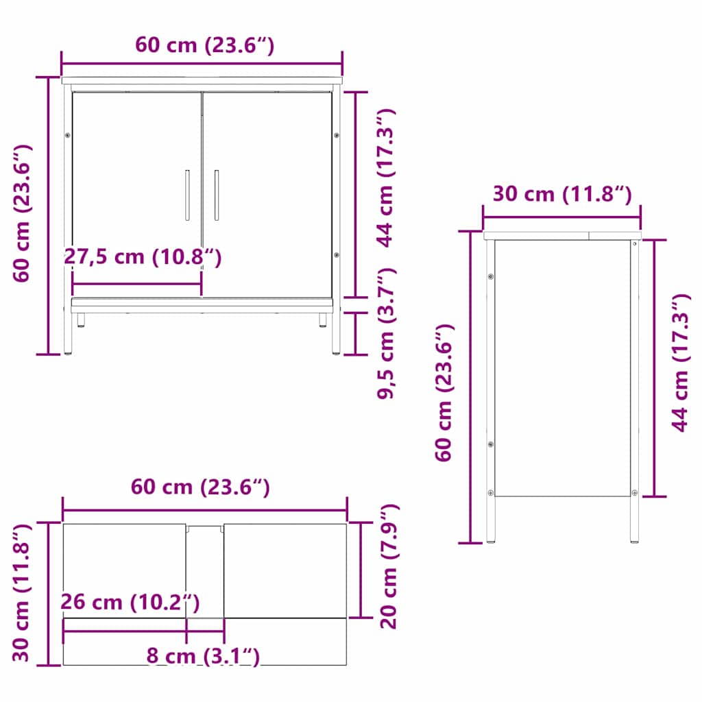 Mueble de lavabo para baño Roble Negro 60 x 30 x 60 cm