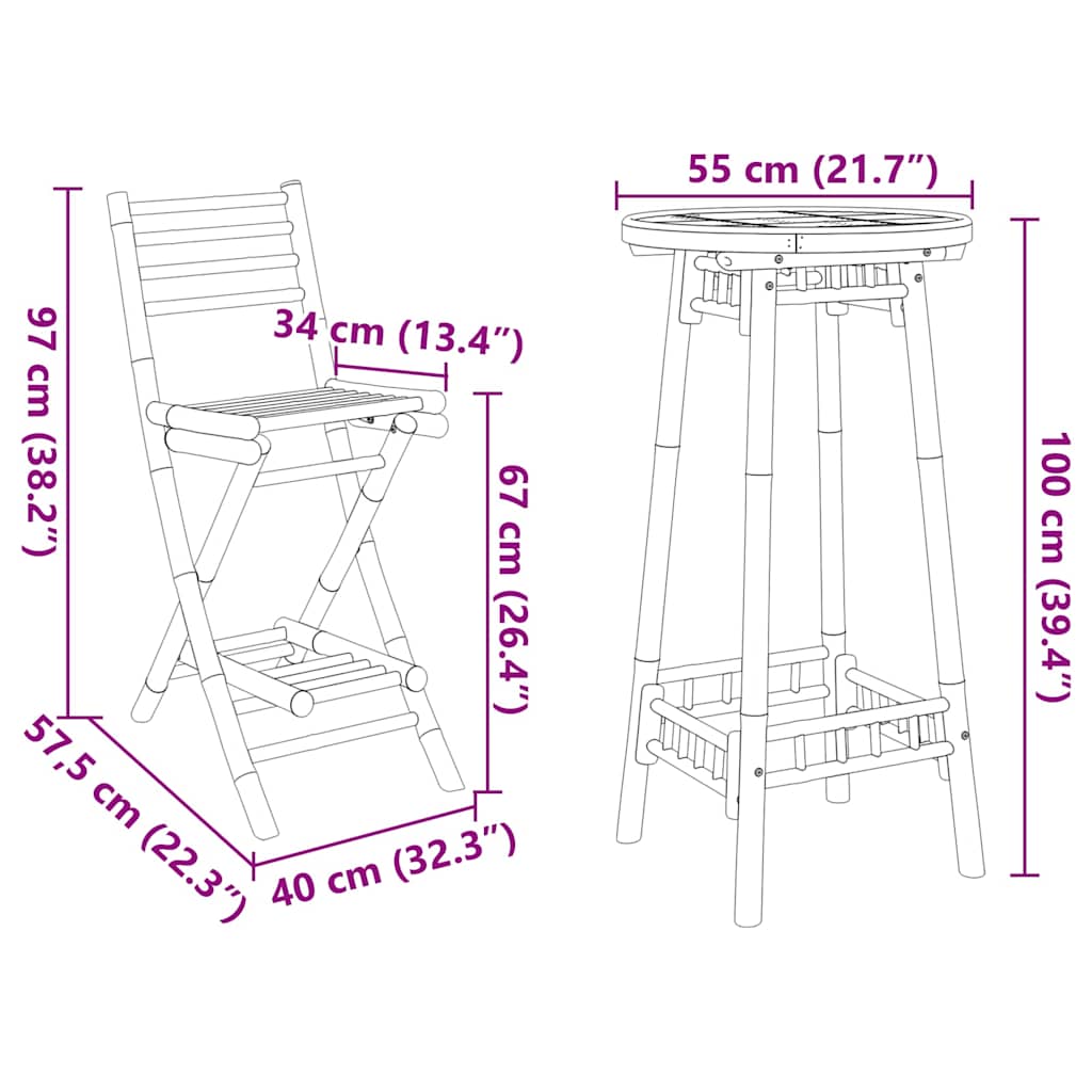 Conjunto de bar para exterior de 3 piezas plegable de bambú