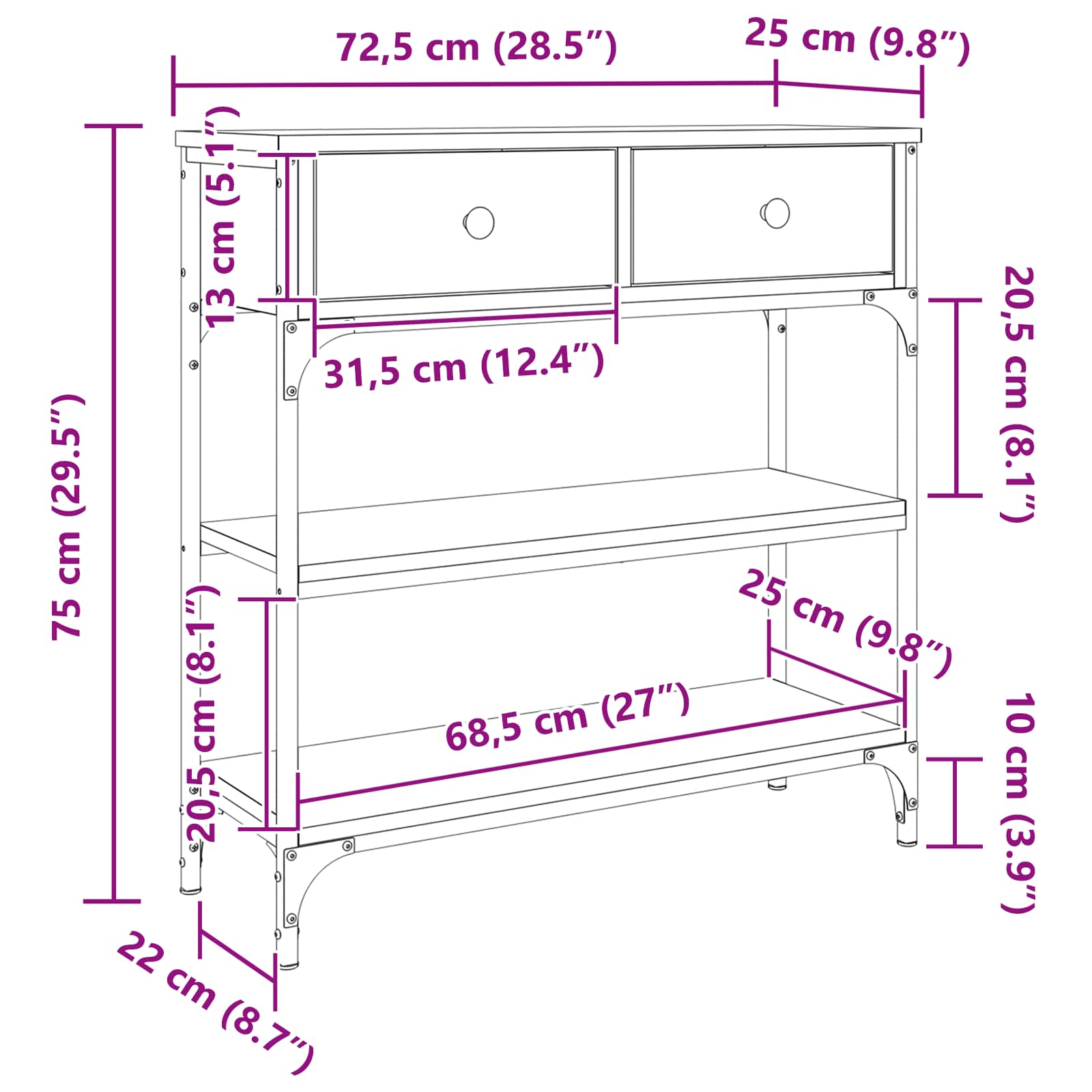Mesa Consola con cajón Madera vieja 72.5 x 25 x 75 cm