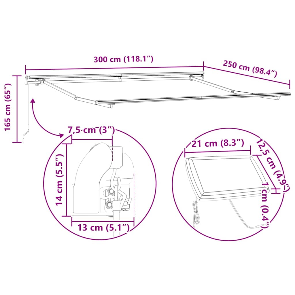Toldo Retráctil 300 x 250 cm Tela y acero