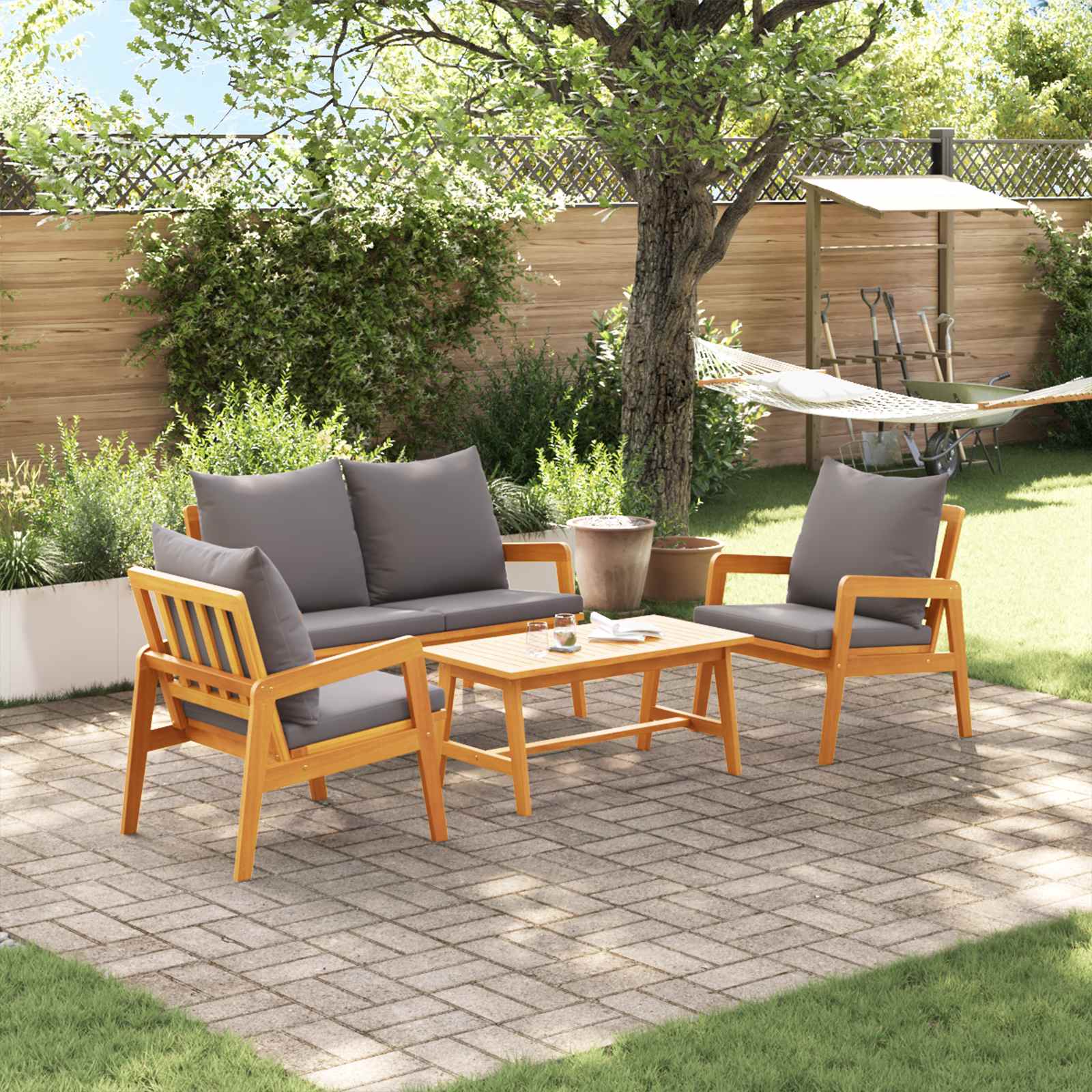 Conjunto bistro con cojín 3 pcs Marrón Madera de Acacia Sólida