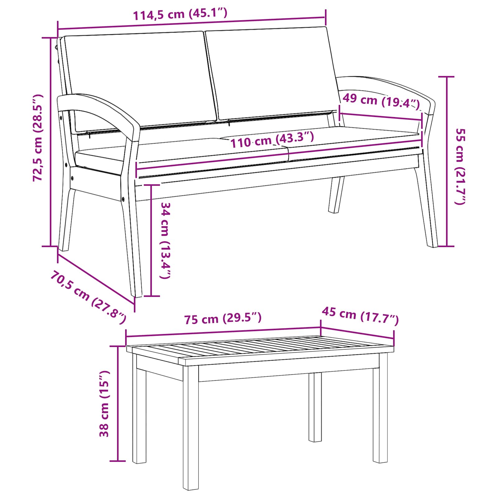Conjunto bistro con cojín 3 pcs Marrón Poliéster