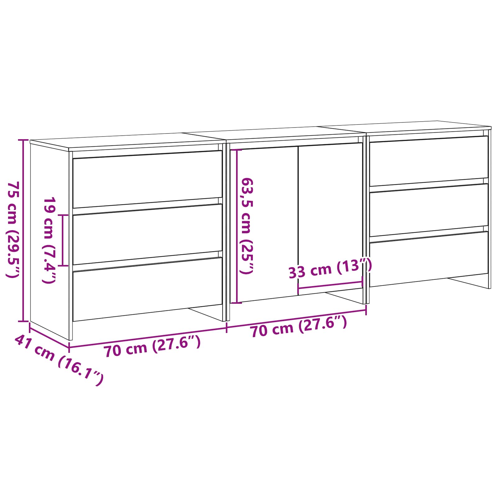 Aparador 3 pcs Negro 70 x 41 x 75 cm Madera de ingeniería