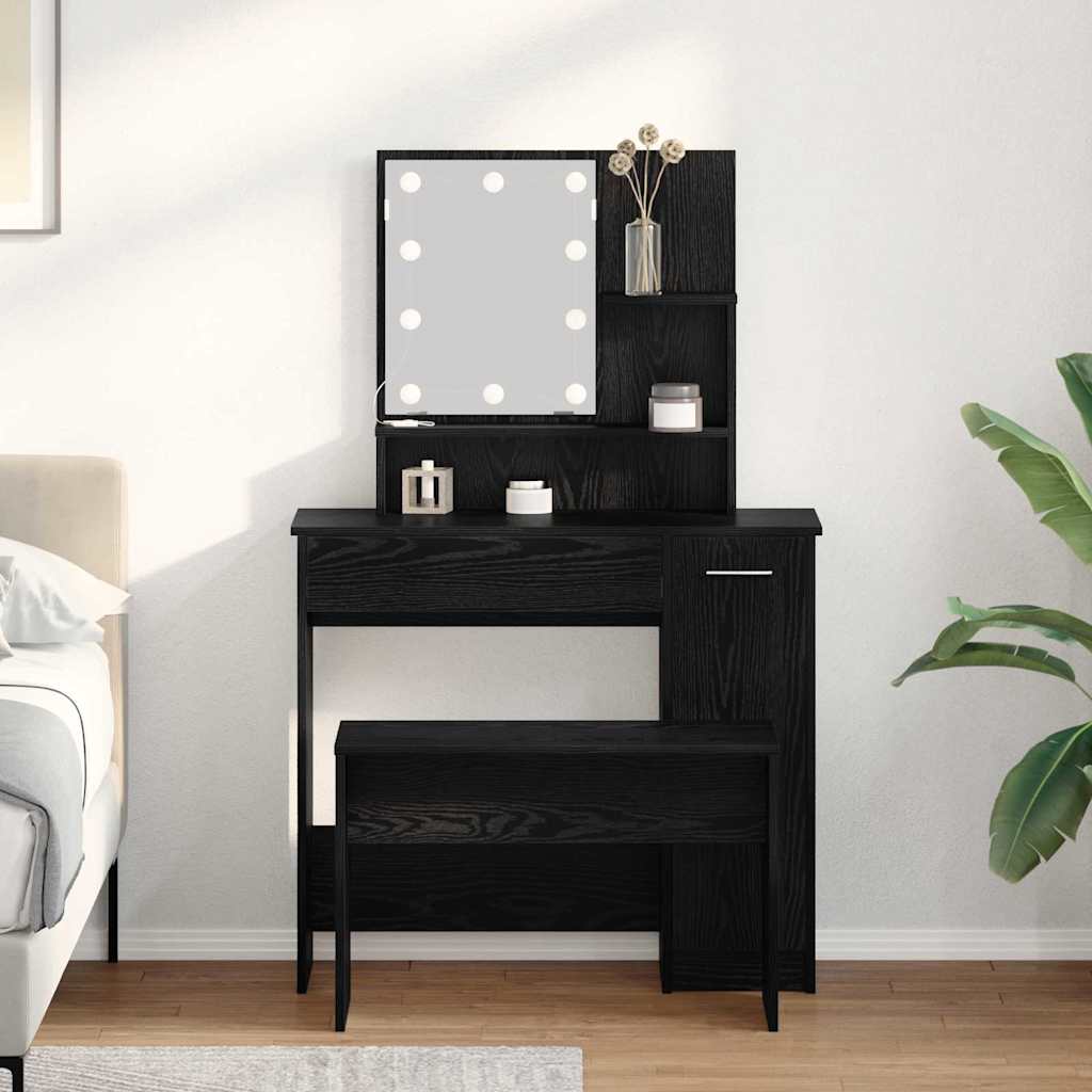 Juego de mesa de tocador LED con cajón 2 pcs Roble Negro