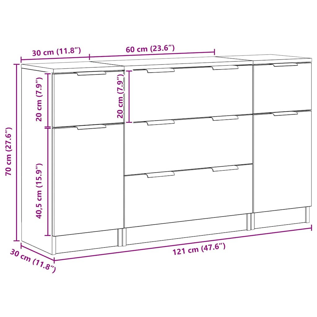Aparador con cajón 3 pcs Roble Negro Madera de ingeniería