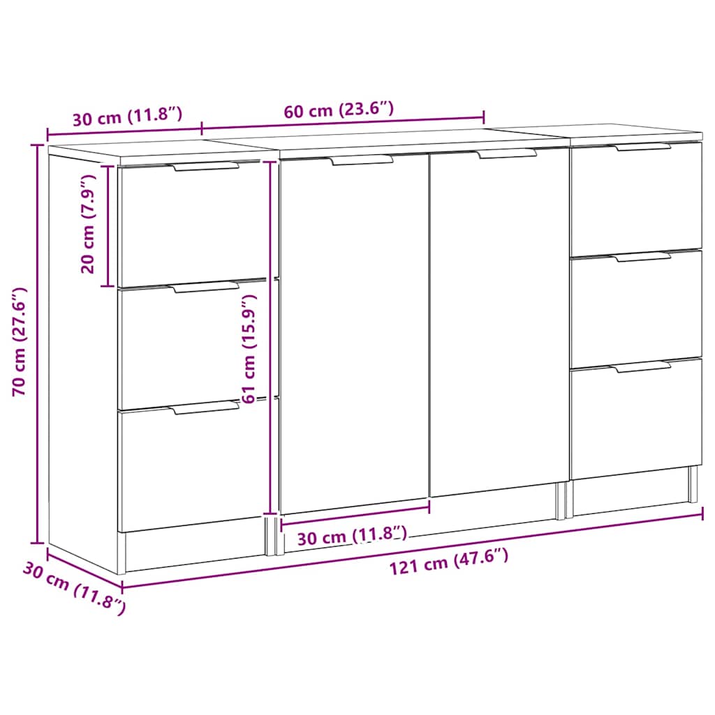 Aparador con cajón 3 pcs Roble Negro Madera de ingeniería