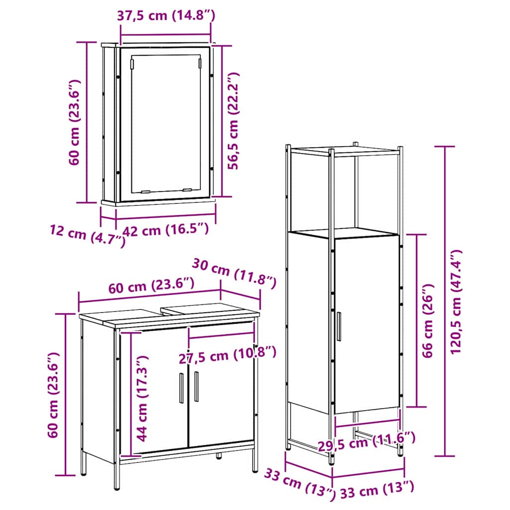 Juego de muebles de baño 3 pcs Marrón 33 x 33 x 120.5 cm