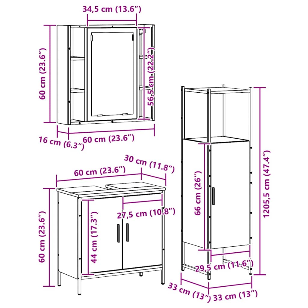 Juego de muebles de baño 3 pcs Marrón Madera de ingeniería
