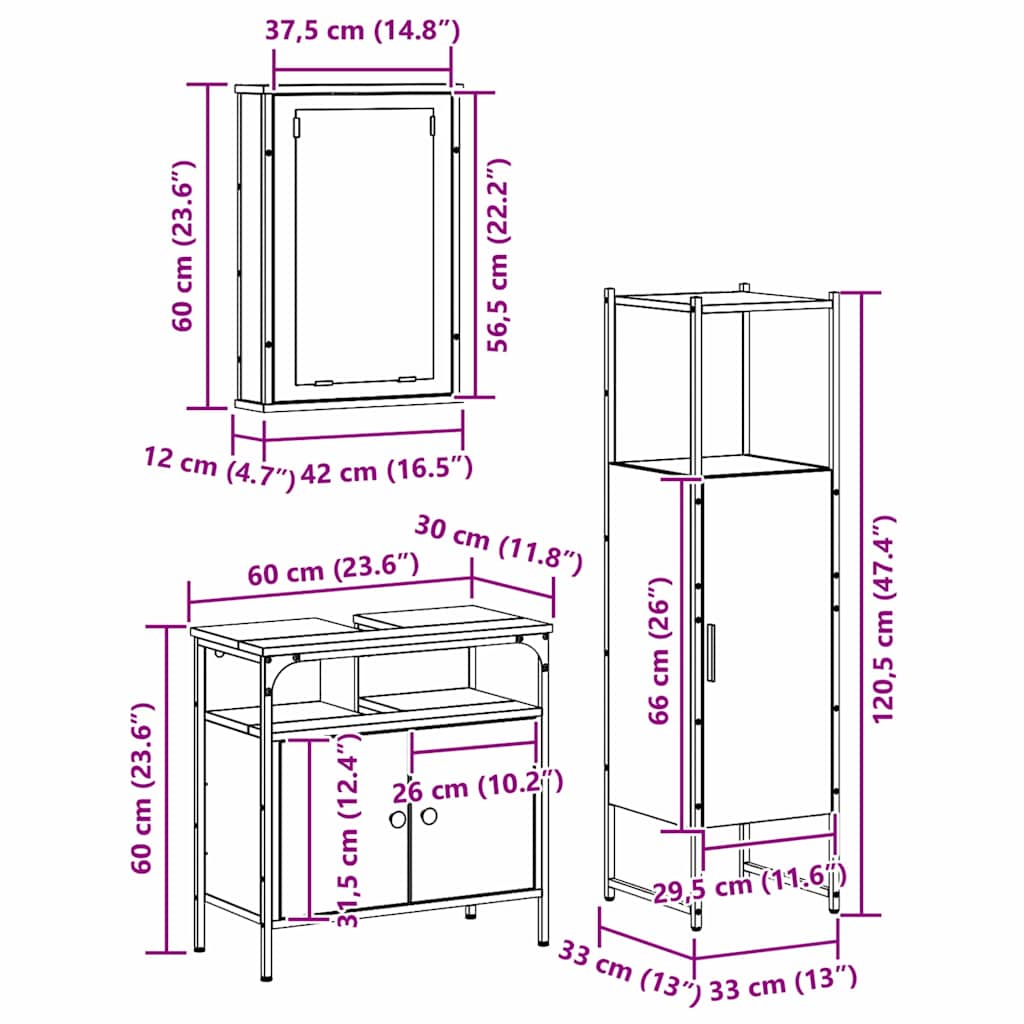 Juego de muebles de baño 3 pcs Marrón 33 x 33 x 120.5 cm