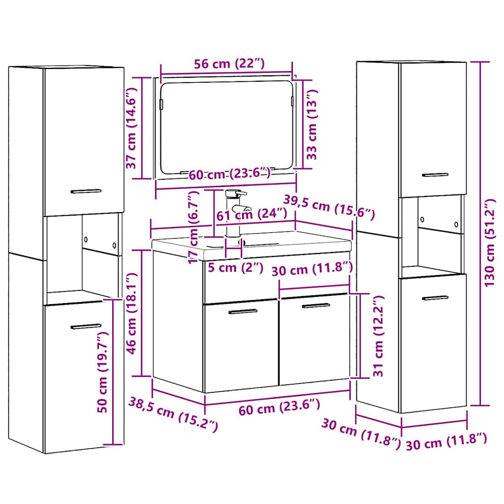 Juego de muebles de baño con puerta 4 pcs Madera envejecida