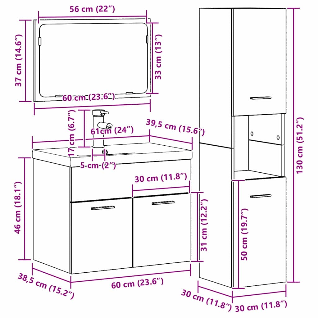 Juego de muebles de baño 4 pcs Marrón Madera de ingeniería