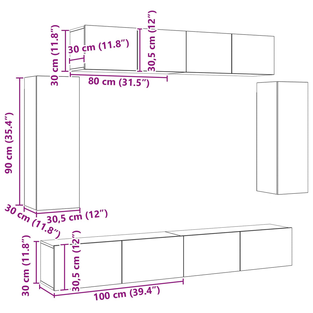 Conjunto de mueble de TV 6 pcs Roble Negro 100 x 30 x 30 cm
