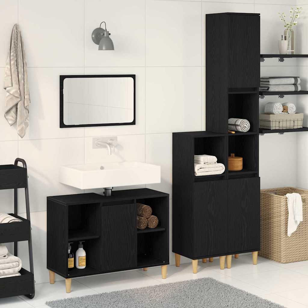 Juego de muebles de baño 3 pcs Negro Madera de ingeniería